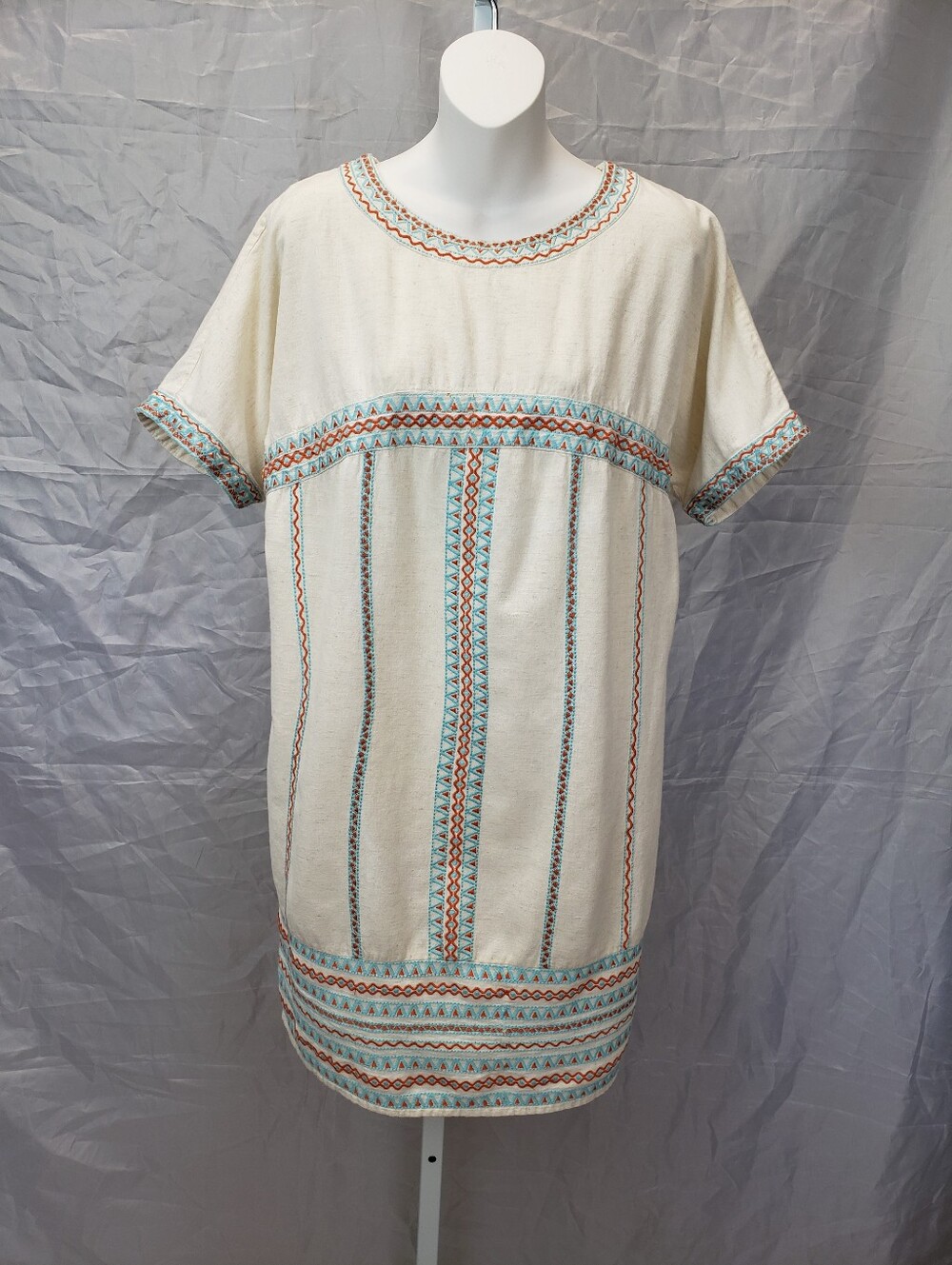 Uncle Frank Embroidered Shift Dress Cream Turquoise Red Boho Cotton Blend Size L